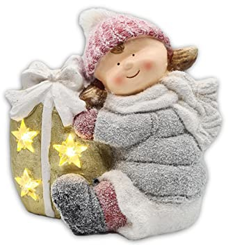 Wichtelstube-Kollektion XL 27cm Dekofigur Mädchen mit Geschenk Gartendeko beleuchtet Weihnachtsdeko aussen