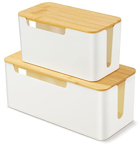 BEZORR Cable Tidy Box, 2 Cable Storage Box with Bamboo Lid, Hiding Messy Cables Wire Management, for Storage Organising Management Desk TV Computer USB Hub Strips Cords White