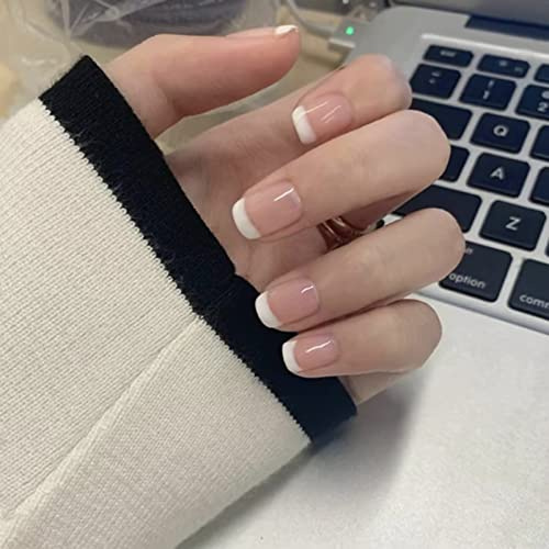 AKOFIC 24 Piezas Uñas Postizas Francesa Corto, Cuadrado Ataúd Rosa y Blanco Puntas Desnudas Bailarina Uñas Postizas con Uñas de Gel Postizas Uñas Press On para Arte de Uñas para Mujeres