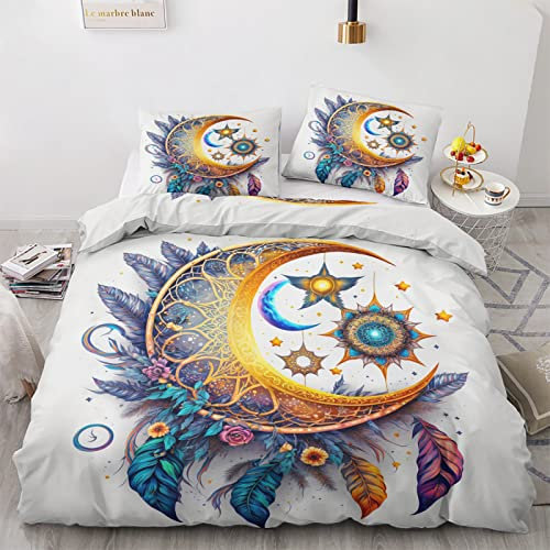 Sommer Bettwäsche 135x200 Mond Traumfänger - Bettbezug 135 x 200 2er Set, Wendebettwäsche und Kissenbezug 80x80, Weiche & Angenehme & Atmungsaktive Mikrofaser Bettwäsche-sets mit Reißverschluss