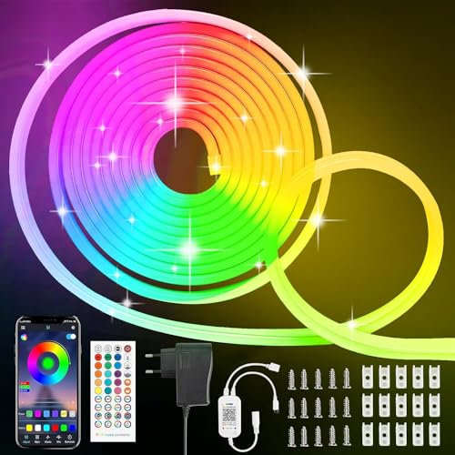 TVLIVE Neon LED Strip 5M,RGB Neon LED Streifen 5M, 24V IP67 Wasserdicht LED Lichtband mit App und Fernbedienung,DIY-Funktion, Musik Sync, Led Leiste für Wohnzimmer, Schlafzimmer, Wand Deko