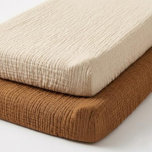 Muslin Changing Pad Cover, Baby Diaper Changing Table Pad Sheets, Cotton Soft Breathable Fitted, Boys Girls Neutral 2 Pack (Brown＆Beige)