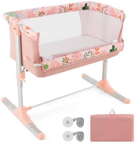 DREAMADE 3 en 1 Lit Cododo Bébé avec Matelas Lit Berceau Nouveau-né 0-5Mois avec 4 Hauteurs Réglables&Inclinaison 10°&2 Sangle& Sac de Transport,Charge 9 KG (Rose)