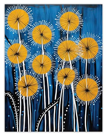 Artery8 Dandelion Flower Seeds Gond Style Painting Blue Yellow Abstract Summer Meadow Patterns Unframed Wall Art Print Poster Home Decor Premium