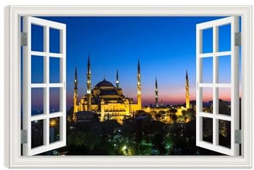 RXNHGJDS Wandkunst Strand,Blau in Istanbul Leinwanddruck,3D Fensterblick Effekt für Zuhause Moderne Dekoration Gemälde Bilder Druck auf Leinwand20x30cm(8x12in) Gerahmt