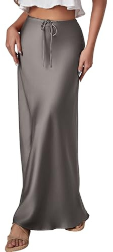 FEOYA Damen Satin Rock Lang Elegant Sommer A Line Maxirock mit Kordelzug Hohe Taille Büro Party Casual Langer Rock 02 Grau L