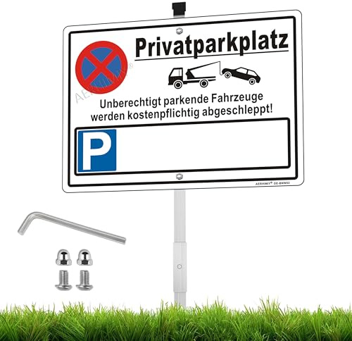 XL Privatparkplatz Schild mit Kennzeichen Aluminium Reflektierend 25×35cm mit 70cm Metallhalterung und Zubehör, UV-beständig, Wasserfest, Rostfrei