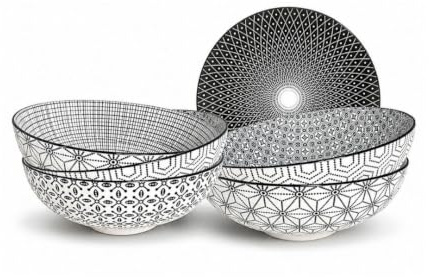 Ard'time - Lot de 6 Assiettes Creuses, Assiettes en Porcelaine avec Imprimés Blancs et Noirs, Contenance 1300ml, Vaisselle Elégante, Adapté Lave-Vaiselle et Micro-onde, Collection KOMAE