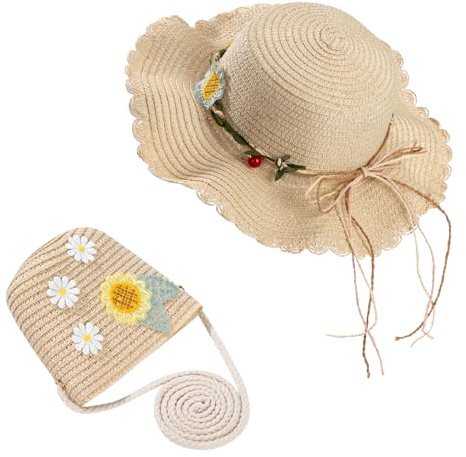 ZLLkeji Girls Ruffled Straw Hat Sun Hats and Mini Cute Purse Sets with Flowers for Kids Summer Beach Outdoor Activities Beige