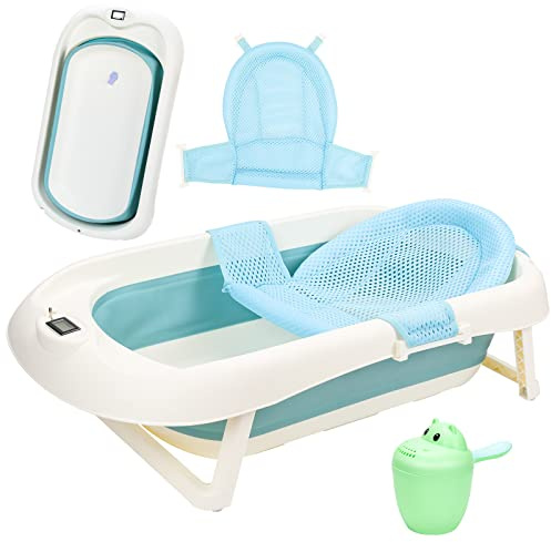 Monucep Bañera para bebé plegable con termómetro integrado y vaso para lavar el pelo del bebé, 50 l, bañera infantil para bebés de 0 a 6 años, verde
