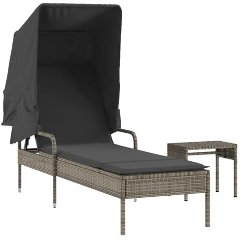 vidaXL Sonnenliege mit Dach Tisch, Gartenliege Verstellbare Rückenlehne, Sonnenbett für Außenbereich, Relaxliege Liege Gartenmöbel, Modern, Grau Poly Rattan