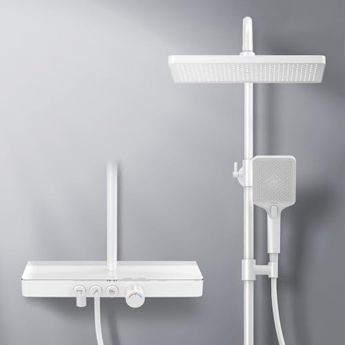 EMKE Thermostatische Duschsäule, Thermostatpanel, 45 cm, Handbrause mit 3 Strahlarten, Regendusche mit Mischbatterie, Wandmontage, mattweiß