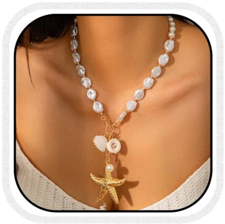 Fashband Boho Seestern Halskette Gold Perle Muschel Halsketten Anhänger Strand Accessoires für Frauen