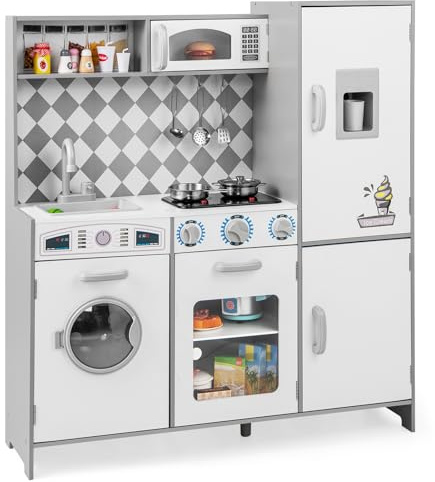 GYMAX Kids Play Kitchen, Wooden Toy Kitchen with Microwave, Ice Maker, Washing Machine, Oven, Stove, Sounds, Lights and Cookware Accessories, Pretend Kitchen Playset for Boys Girls (White)