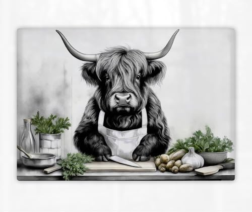 Highland Cow Printed Cutting Board | Worktop Saver | Chopping Board Available in Two Sizes (390x290mm and 285x200mm) (Highland Cow 2 (B&W), 390x290mm (Textured))