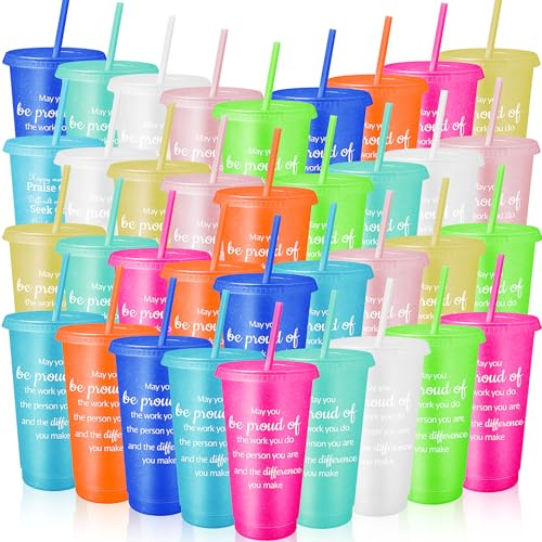 MSYU 36 Pcs Employee Thank You Cup 710 ml Appreciation Tumblers Gifts Bulk for Coworker Teacher Team Staff Gift Plastic Colorful Inspirational Cups with Lids and Straws (Bright Color)