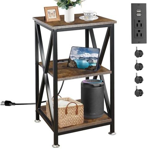 Square End Table with Charging Station, 3-Tier End Table Living Room, 16 D X 16 W X 28 H, Wood and Metal Table with USB Ports and Outlets, Side Table with Wheels for Living Room, Bedroom, Kitchen