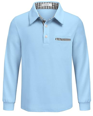 Arshiner Jungen Poloshirt Langarm mit Brusttasche und kariertem Besatz | Weiches elastisches Polohemd mit Knopfleiste Brusttasche und kariertem Besatz als Schulshirt und Freizeitoberteil