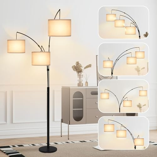 PULUOMIS Floor Lamp, Arc Floor Standing Lamps with 3 Rotatable Lights for Living Room, 200cm Tall Lamps with E27 Socket for Bedroom, Bulb Not Included
