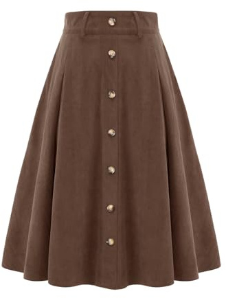 Gonna da donna midilang in velluto a coste, linea ad A, stile vintage, gonna a piatto, basic, casual, a vita alta, per il tempo libero, con tasche, marrone, S