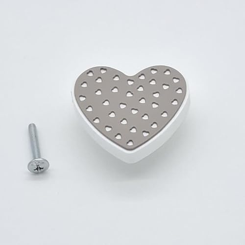 Botter Luigi KIT 6 Pomoli in Legno a Forma di Cuore – Bianco e Tortora – Manopole per Camera Bambina, Cassetti e Armadi – Viti Incluse