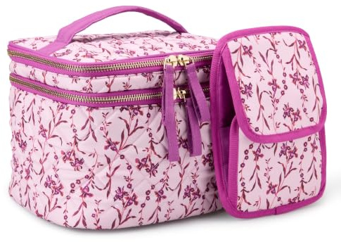 Amazon Essentials Women's Quilted Makeup Bag with Brush Storage, Pink Floral, One Size