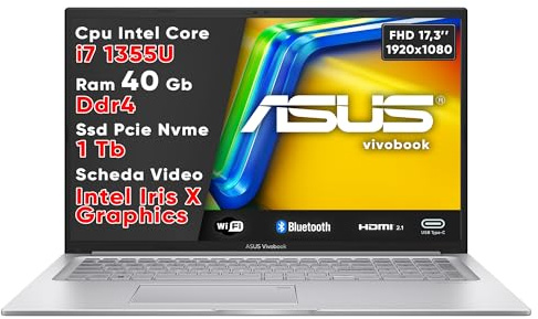 ASUS VivoBook Pc Portatile, Notebook Intel Core i7 1355U, 40Gb Ram DDR4, Ssd 1TB, Display FHD 17,3(1920x1080), Computer Portatile, Laptop con Tastiera Retroilluminata, WIN 11 - Garanzia 3 Anni
