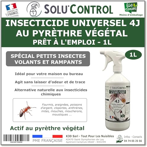Solu’Control Insecticide Universel 4J au Pyrèthre Végétal – Prêt à l’Emploi 1L – Spécial Insectes volants et rampants – Sans PBO – Fabriqué en France