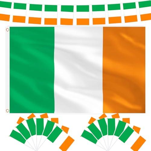 AhfuLife Irland Flagge Set, Deko Set mit großer Irischer Flagge, Wimpelkette und 12 kleinen Irischen Flaggen mit Stab, für Irische Feiern, St. Patricks Tag, Fußball und Sportveranstaltungen