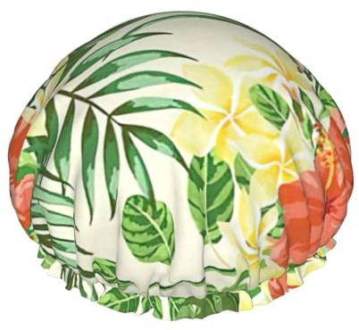 Gorro de ducha Hojas Tropicales Y Flores para mujer, reutilizable, impermeable, doble capa, con correa elástica, talla única