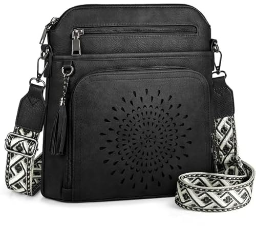 RAINSMORE Cross Body Bag Women Soft PU Leather Trendy Handbags & Shoulder Bag Adjustable Wide Straps Spacious Organised Purse for Daily Use Commute & Travel Black