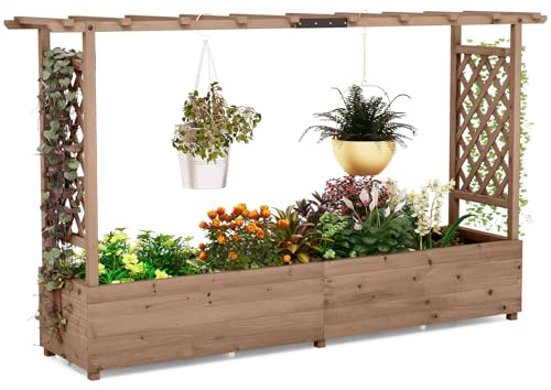 COSTWAY Garden Planter with Trellis, Hanging Roof and Drainage Holes, Weather-Resistant Wooden Raised Bed for Vine Climbing Plants, Outdoor Trough Container Grow Box Flower Pot (Coffee, 200x44x114cm)
