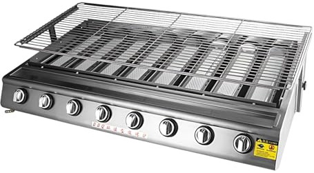 Barbacoa Profesional para Gastronomía en Acero Inoxidable 304, 4/8/10 Quemadores Cerámicos, Altura Regulable, Barbacoa de Gas Duradera para Foodtruck, 2800Pa(8 Burner)