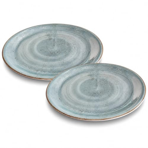 Pack 2 Platos Llanos Melamina 28 cm Azul Piedra | Efecto Cerámica Artesanal Rústica | Vajilla Ceracor Estilo Restaurante Resistente a Roturas, Apta Lavavajillas