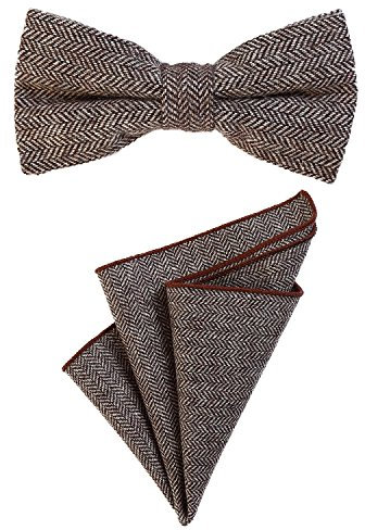 DonDon Herren Fliege 12 x 6 cm mit farblich passendem Einstecktuch 23 x 23 cm beides aus Baumwolle im Tweed Look braun kariert