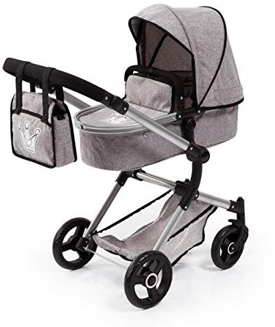 Bayer Design 18410AA Kombi Puppenwagen Vario mit Wickeltasche und Einkaufskorb, umwandelbar in einen Sportwagen, höhenverstellbar, modern, grau mit Krone, 52cm
