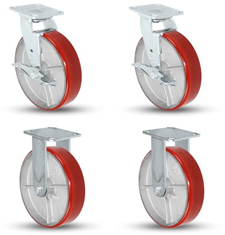 8 X 2 Swivel Caster Heavy Duty Red Polyurethane Wheel on Steel Hub with Brakes (2) and Fixed (2) 5,000 lbs Per Set of 4 Tool Box Casters - CasterHQ Brand (8)