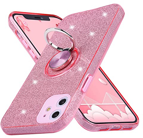 wisdompro Glitter Phone Case with Ring Kickstand for iPhone 11 - Pink | Cute Bling Sparkle Protective Case with Ring Holder Stand/Grip, Women Girls Phone Case for iPhone 11 (6.1-Inch)