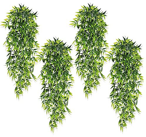 ROLLWAY 4 Stück Kunstpflanze Hängend Künstliche Hängepflanzen Künstlich Pflanzen Plastik Grünpflanze hängend Plastikpflanzen für Indoor Outdoor Balkon Hochzeit Garten Wanddeko Bambusblätter 80cm