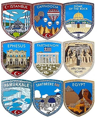 A-ONE Nahe Osten-Länder Touristenplätze funkeln silbernen Sammlersticker 9 PCs+Ägypten Pharao Country Stickerei Patch 1 PC, Landschaft weltweit Label für Heimat, Küchendekoration SS7+Nr. 278