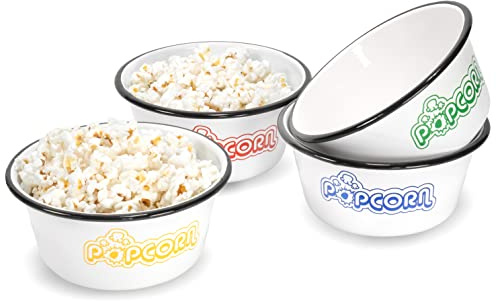 Red Co. Set mit 4 weißen Emaille-Metall-Popcorn-Schalen, 1,2 l, verschiedene Farbdrucke/schwarzer Rand