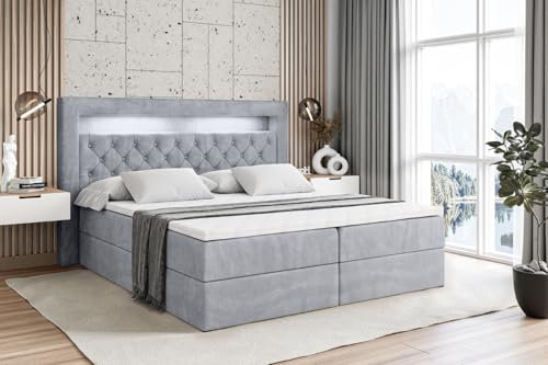 ALTDECOR Boxspringbett mit Matratze und Lattenrost, LED Boxbett, Topper, Polsterbett mit Bettkasten, Bett mit Stauraum H3-Matratze, Doppelbett, Springboxbett - Noel Gold - 200x200 - Grau Monolith