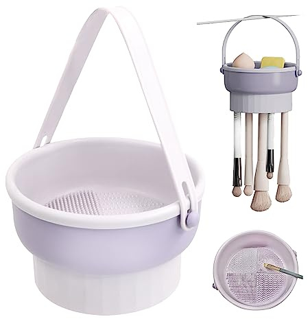 Make-up Pinsel Reiniger Silikon Pinselhalter - 3 in 1 Pinsel Reinigungsmatte, Silikon Pinsels Reinigungsbox zum Reinigen, Aufbewahren und Trocknen von Kosmetikpinsel und Make-up Schwamm(Lila)