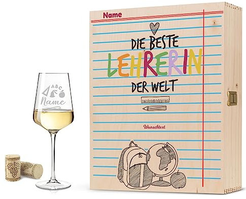 Leonardo Copas de vino con grabado – Mejor profesor/en el mundo – Personalizado con nombre y texto que desee, incluye caja de madera, regalo para el comienzo o graduación para profesores – Color