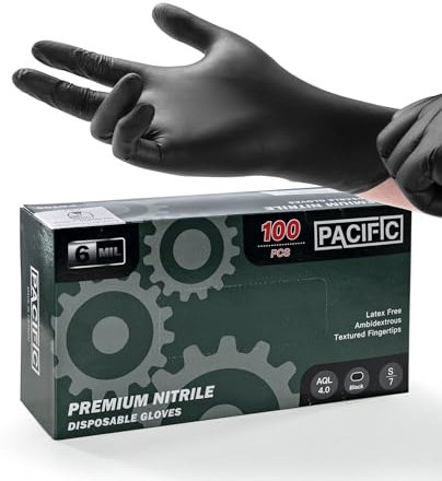 PACIFIC Noir Gants Jetables in Nitril, 100 pièces/boîte, Texture Diamantée, Pour Industrie Lourde, Mécanique, Cuisine & Médical, Sans Latex & Sans Poudre, EN 374, S/7