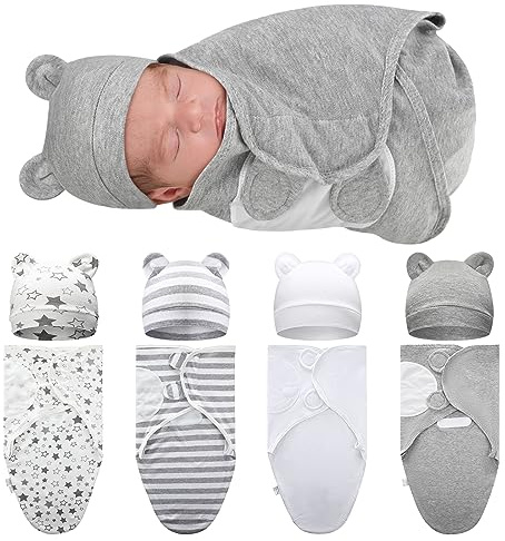 Buryeah 4 Pack Preemie Swaddle Blanket Wrap Set with Hat for Baby Boys Girls 3-7 Lbs Preemie Newborn Clothes Sleepers Cap(Gray,Star)