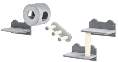 PawHut 4-teiliger Wand-Katzenbaum mit Plattformen für Kätzchen Grau | Katzenwandmöbel, Stufen, Kratzbaum, Sitzstange, Katzenhaus