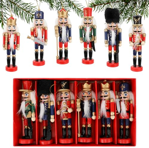 Jupsk Nutcracker Christmas Decorations Wooden Soldier Nutcracker Christmas Tree Ornaments Figures, 6 PCS with Gift Box, 12cm