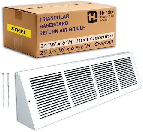Handua 24W x 6H [Duct Opening Size] Steel Triangular Baseboard Return Air Grille | Efficient Air Flow | Air Register Vent Cover Grill | 3.75 Depth | White | Outer Dimensions: 25-3/4 x 6-5/8