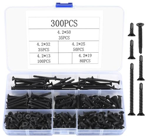 300 Pièces M4.2 Vis Autotaraudeuses, Vis Autoperceuses pour Métal, Vis à Tête Plate, Vis Phillips à Tête Fraisée, Vis à Bois Auto-foreuses pour Fixation de Tôle - M4.2x13/19/25/32/50 mm